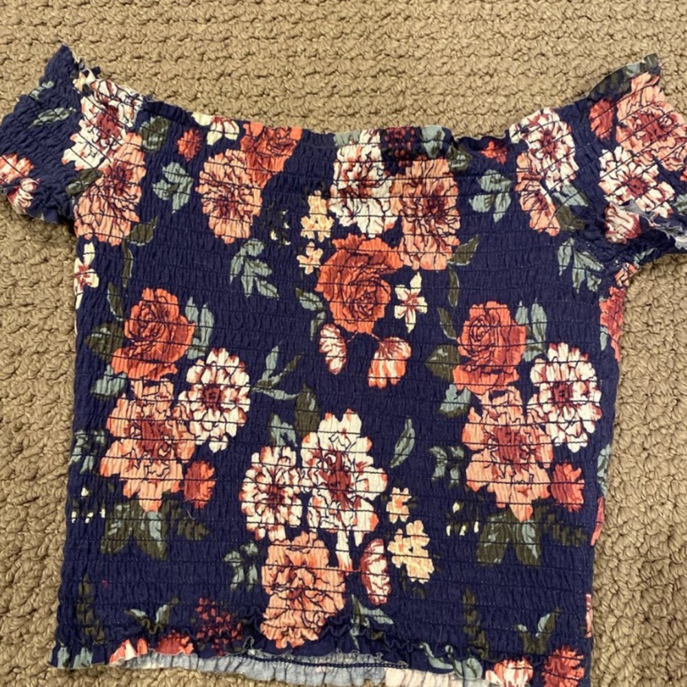 purple floral smocked off the shoulder crop top